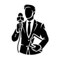 A man in a suit holding a microphone and a clipboard vector