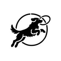 A black and white logo of a dog catching a frisbee vector