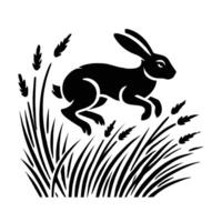 A black and white silhouette of a rabbit running through grass vector