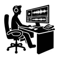 A man is sitting at a desk with headphones on vector