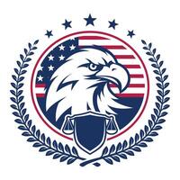 Eagle head turning against american flag and law illustrator logo design background vector