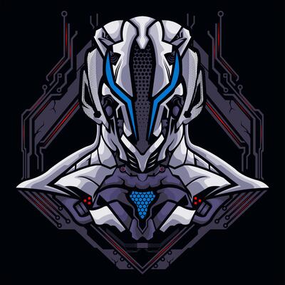 Half body robot with elongated blue eyes illustration logo design