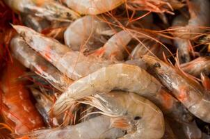 Fresh Raw Shrimp on Ice at Seafood Market background copy space photo