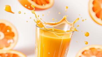 Splashing Orange Juice in Glass Slow Motion on White Background photo