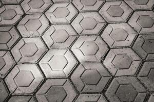 Monochrome hexagonal paving block exposed to morning sunlight. Black and white paving block neatly arranged. Hexagon pattern pavement outdoor texture. Wallpaper Backgrounds photo