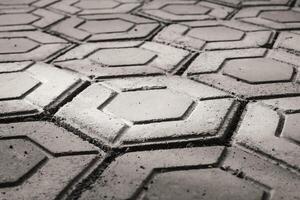Closeup black and white hexagonal brick for flooring. Paving block backgrounds in monochrome color. Texture and Details. Bricks and blocks are made from cement. Negative Space photo