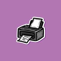 Illustration of a printer ejecting documents, set against a purple background. Represents office tools, business workflow, and document management. vector
