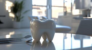 A tooth with a toothbrush and a spoon on a table photo