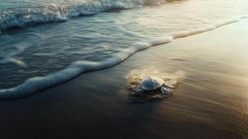 A turtle is walking on the beach near the ocean photo