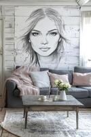 A living room with a large painting of a woman photo