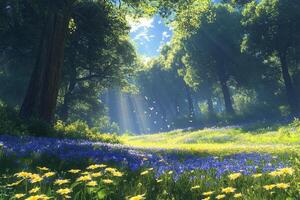 A beautiful forest with blue flowers and sunbeams photo
