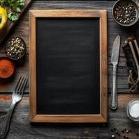 Blackboard with ingredients and spices on a wooden table photo
