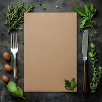 A blank menu with herbs and spices on a dark background photo