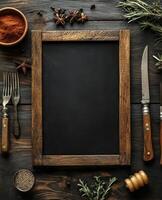 A blackboard with a knife, fork, and spoons on a wooden table photo