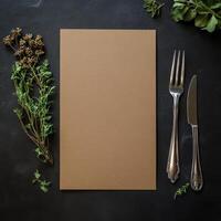 Blank menu card with knife and fork on a black table photo