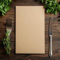 A blank menu with a knife and fork on a wooden table photo