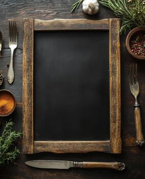 un pizarra con un pizarra y utensilios en un de madera mesa foto