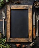A blackboard with a chalkboard and a knife and fork on a wooden table photo