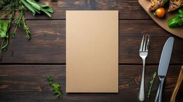 A blank menu card on a wooden table with a knife and fork photo