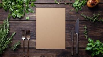 A blank menu on a wooden table with vegetables photo