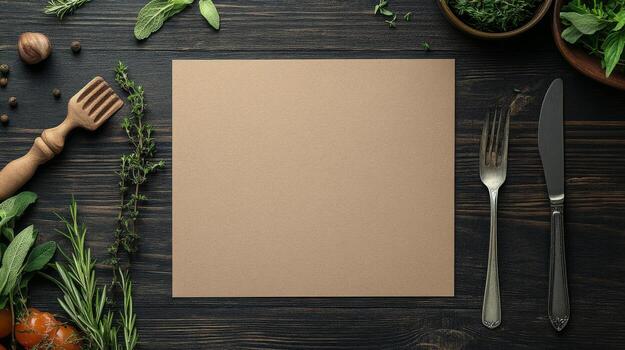 A blank paper with a knife and fork on a wooden table photo
