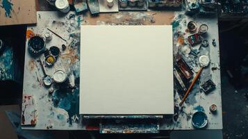 An artist's work table with paint and brushes photo
