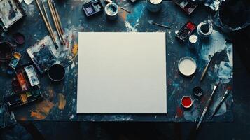 An artist's table with paint and brushes photo