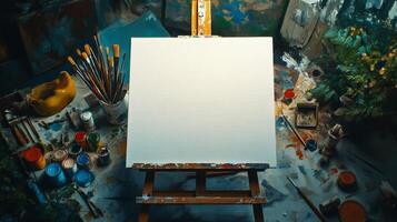 An easel with a blank canvas and paint brushes photo