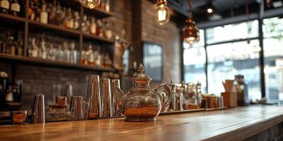 Cozy interior of a modern cafe featuring a vintage teapot near a wooden counter surrounded by shelves filled with glassware photo