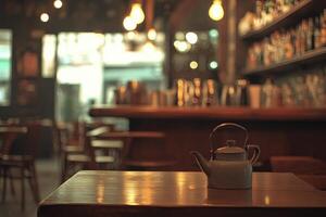 A wooden table with a teapot on it photo