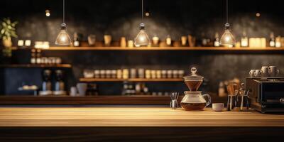 A coffee bar with a counter and lights photo