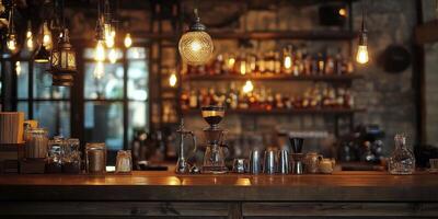 A bar with a wooden counter and a few lights photo