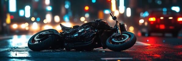 A motorcycle is sitting on the ground in the rain photo