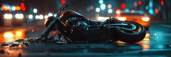 A motorcycle is sitting on the ground in the rain photo