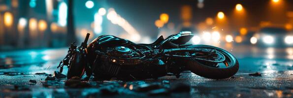 A motorcycle is sitting on the ground in the middle of the road photo