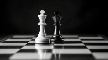 Two chess pieces on a black and white chess board photo