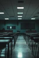Empty classroom with blackboards and chairs photo