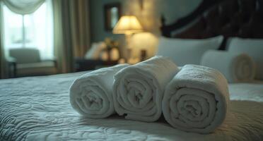 Three folded towels on a bed photo