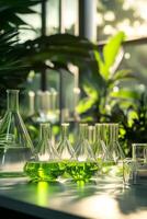 Laboratory flasks with green liquid in them photo