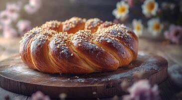 A braid of bread sitting on a wooden board photo