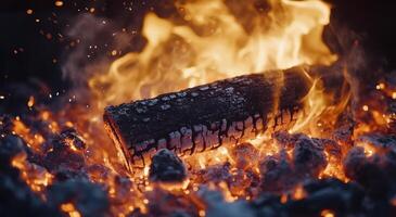 A log burning in a fire with flames photo