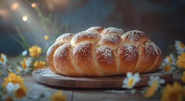 A challah bread on a wooden board with flowers photo