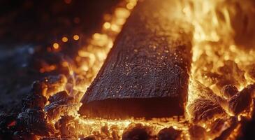 A close up of a log burning in a fire photo