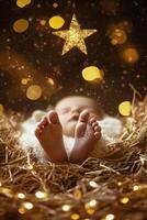 A baby's feet are in a hay nest with a star photo
