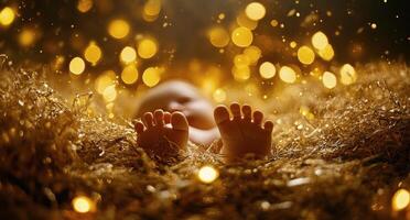 A baby's feet are in the hay with lights photo