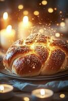 A bread with sprinkles on it sits on a plate photo