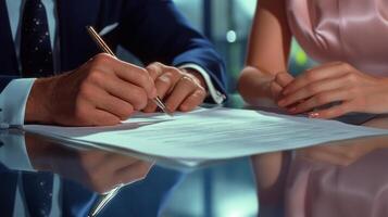 A man and woman signing a contract on a table photo