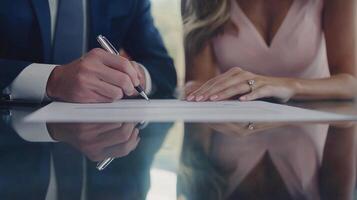 A man and woman signing a contract at a table photo