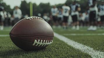 A football on the field with players in the background photo