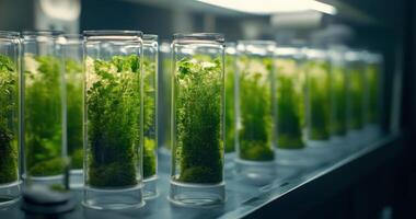 A row of glass vials filled with green plants photo